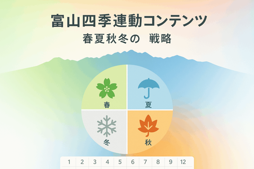 富山の四季を活かした年間マーケティングカレンダー。立山アルペンルート(春)・富山湾(夏)・おわら風の盆(秋)・雪国特色(冬)の季節別集客戦略を月次で整理