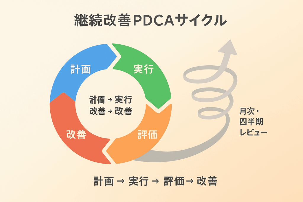 継続改善PDCAサイクル図。Plan(計画)→Do(実行)→Check(評価)→Action(改善)の4段階プロセスと月次・四半期レビューポイントを円形フローで表現