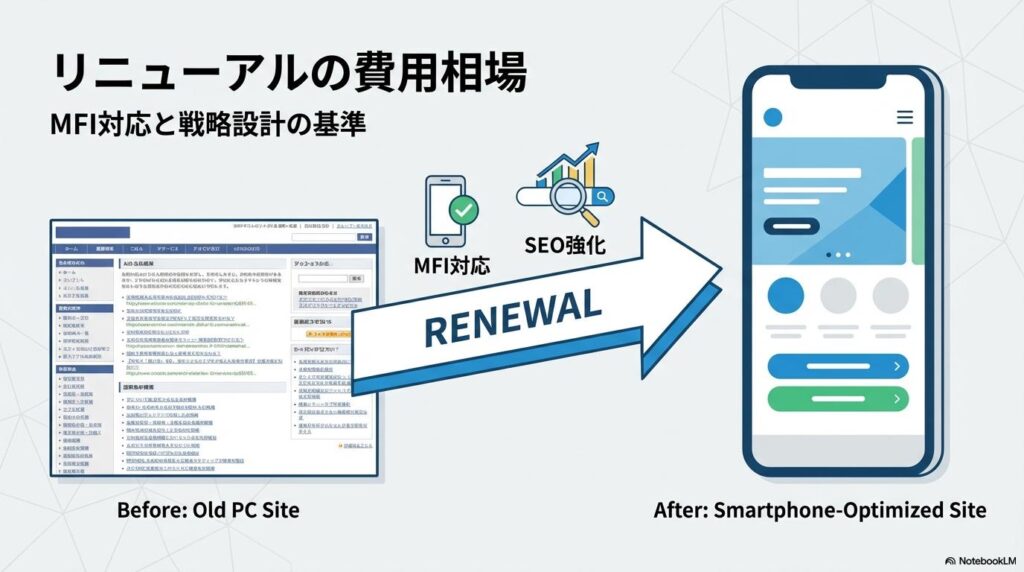古いサイトからスマホ最適化されたサイトへの変化を図解した画像。富山 ホームページ リニューアルにおけるMFI対応と費用相場の重要性を象徴する一枚。