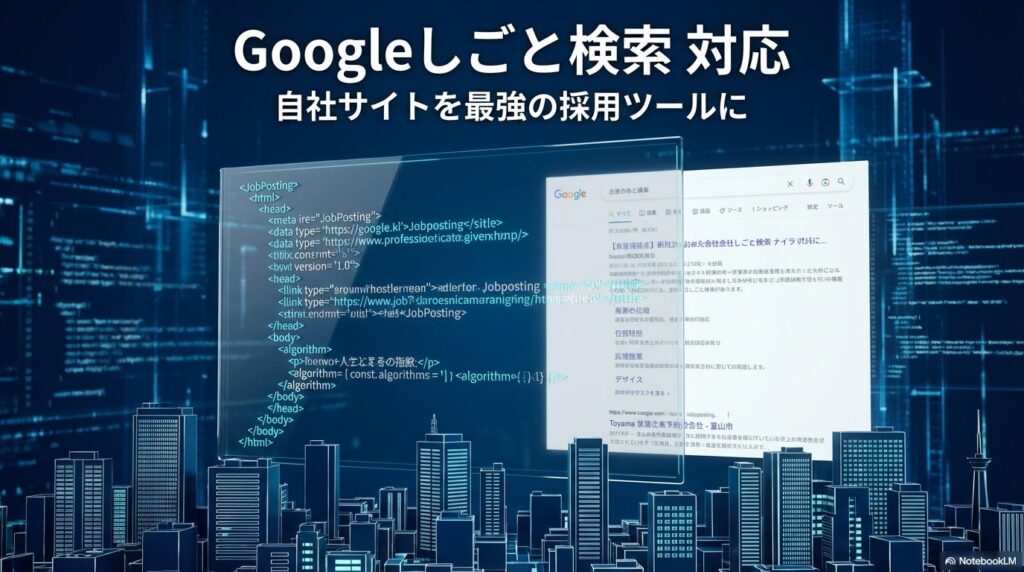JobPosting構造化データのパネルとGoogleしごと検索の枠がレイアウトされた3D画像。富山 採用サイト 制作における技術的対応の重要性を象徴する一枚。