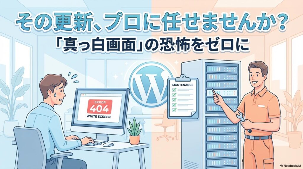 専門家がWebサイトのメンテナンスを代行し、担当者が安心している様子。この記事のテーマである「富山 WordPress 保守」の外注メリットを示す一枚。