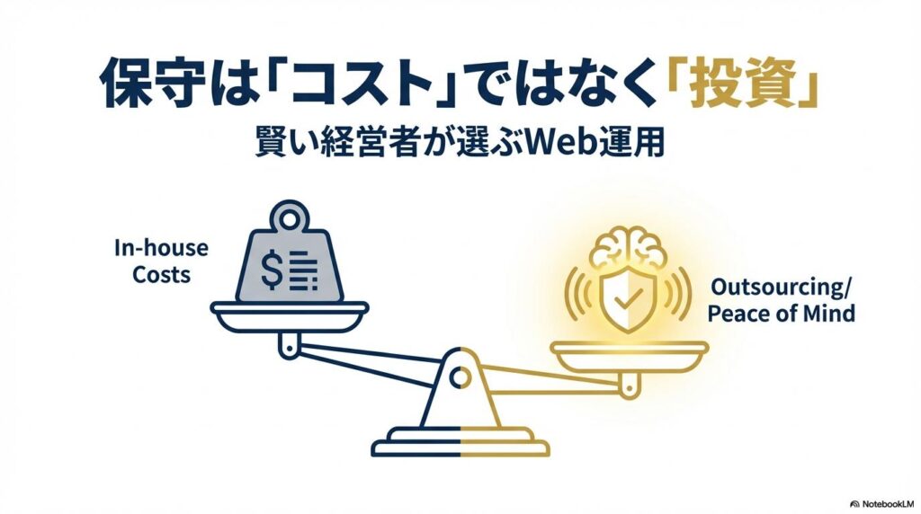 コストとメリットを比較した天秤の図解。この記事のテーマである「富山 WordPress 保守」の費用対効果を象徴する一枚。