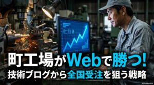 最新のデジタル戦略を導入した工場の現場風景。この記事のテーマである「富山 製造業 新規開拓」のための技術ブログ活用を象徴する一枚。
