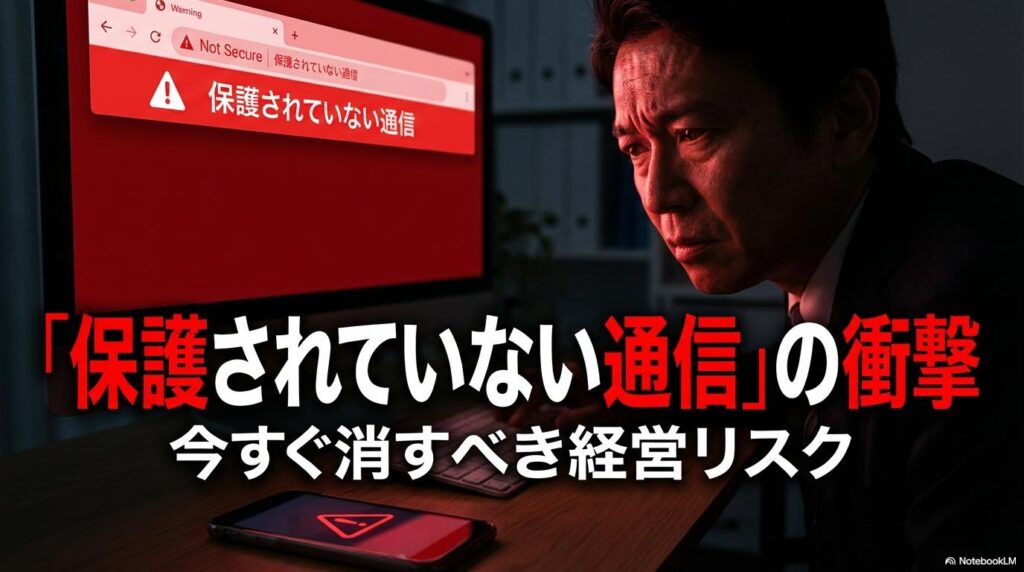 PC画面に表示されたセキュリティ警告を見つめるビジネスマン。この記事のテーマである「富山 ホームページ SSL化」の緊急性を象徴する一枚。