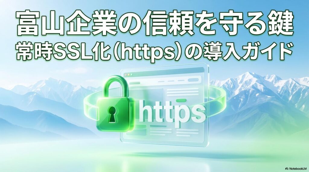 Webサイトを守る緑色の鍵アイコンとhttpsの文字。この記事のテーマである「富山 ホームページ SSL化」による信頼性向上を象徴する一枚。