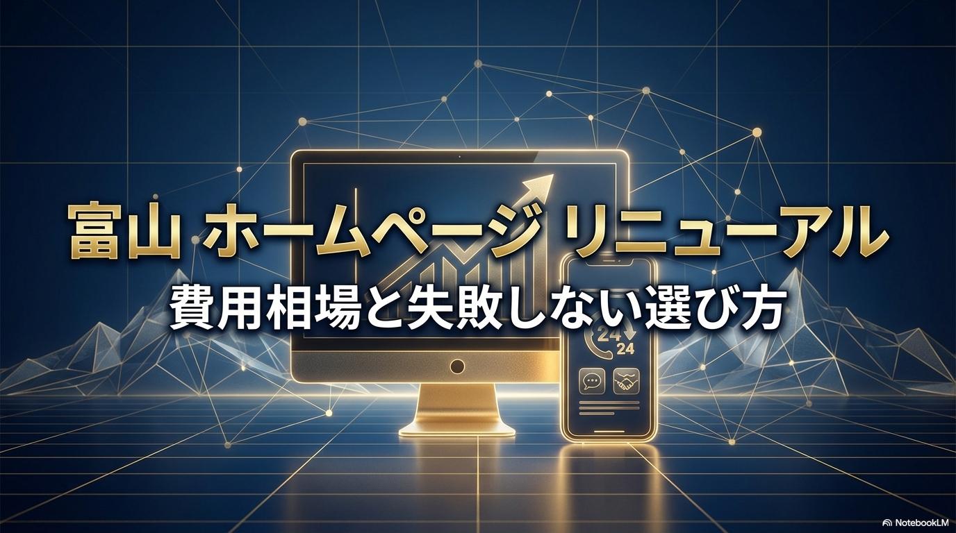 光り輝くPCとスマートフォンの3Dシルエットが、富山 ホームページ リニューアルによる経営課題解決を象徴する一枚。この記事のテーマである戦略的リニューアルの価値を表現しています。