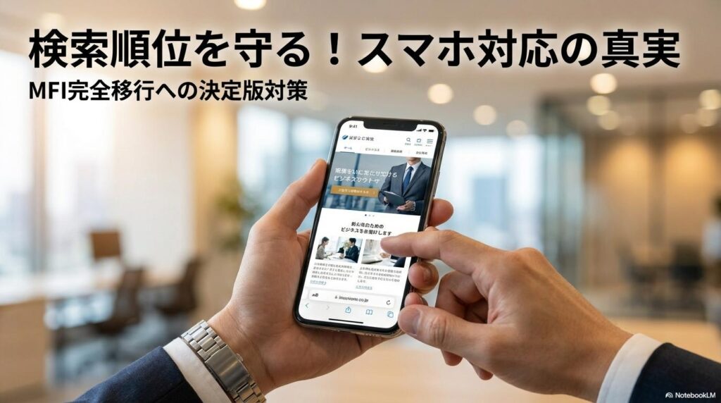 オフィスのデスクでスマートフォンを操作し、最適化されたサイトを確認する様子。この記事のテーマである「富山 ホームページ スマホ対応」の重要性を象徴する一枚。