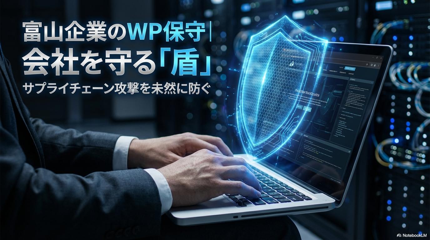 デジタルなシールドで保護されたノートPC。この記事のテーマである「富山 WordPress 保守」によるセキュリティ対策を象徴する一枚。